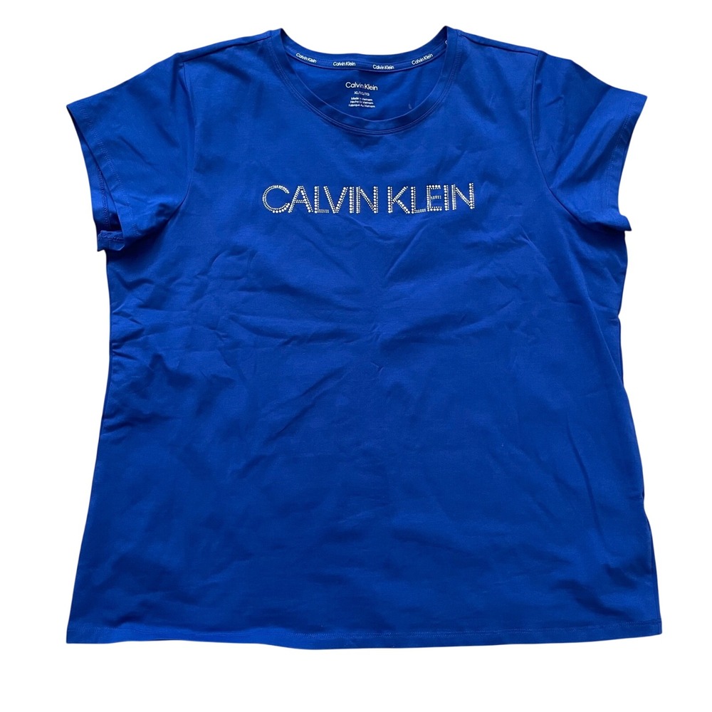 Calvin Klein Womens XL Royal Blue Studded Logo Short Sleeve T-Shirt Tee